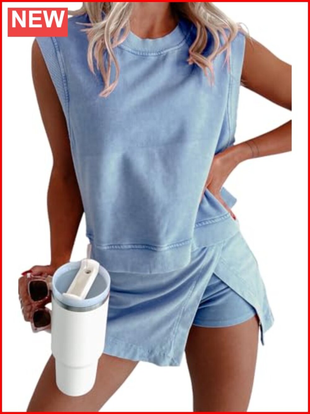 Women's 2pc Mineral Wash Cotton Tank Top & Split Skirt Set Athletic Lounge